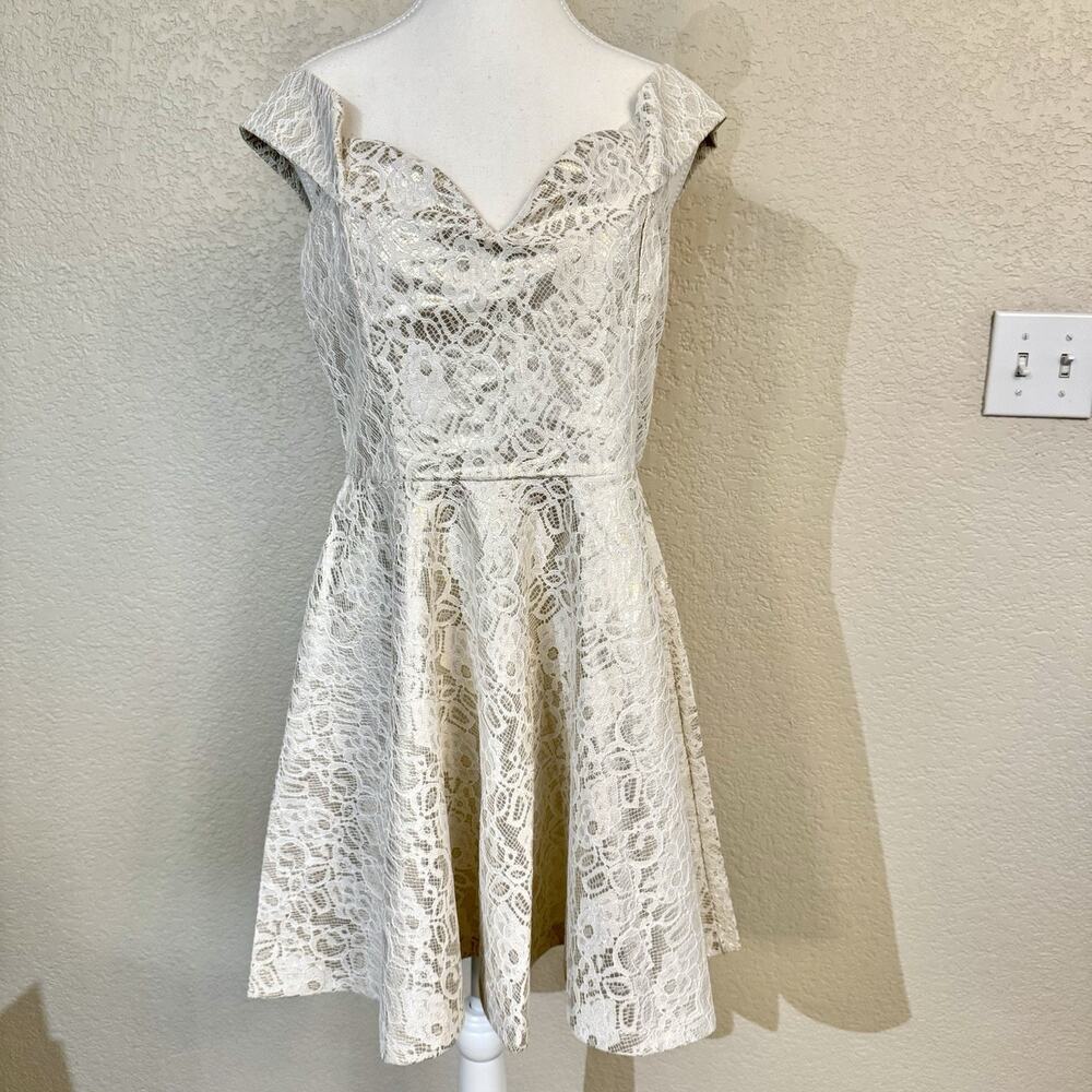 Trac Sz Large Gold White Cream Lace Fit and Flare Party Dress Off Shoulder